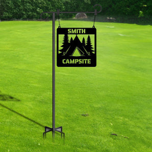 Personalized Tent Themed Campsite Name Marker Hanging Metal Sign