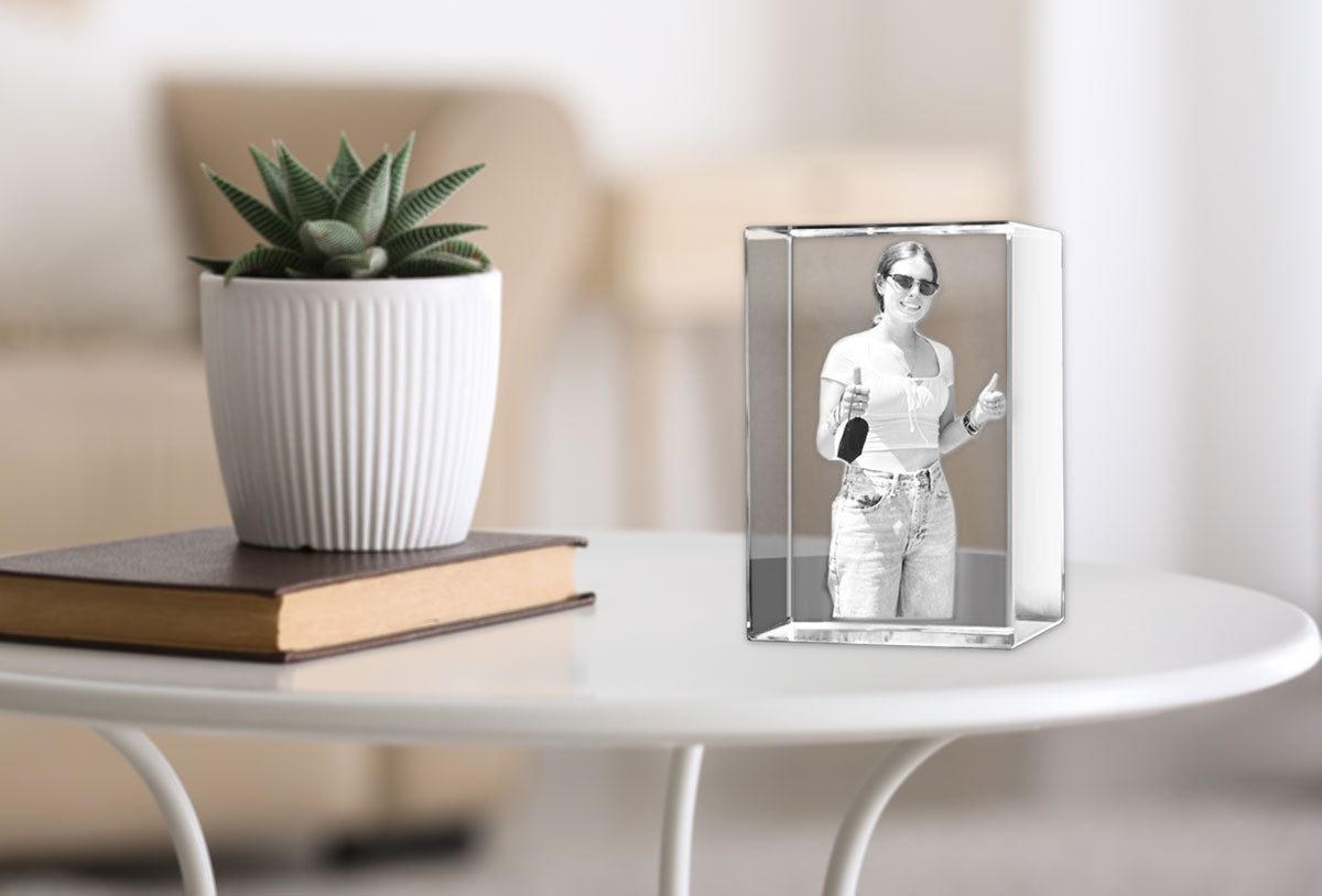 Personalized photo engraved on 3D crystal cube for graduation or school gift