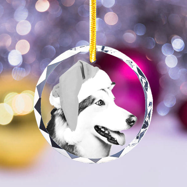 Personalized Christmas ornament engraved with photo of dog in Santa hat